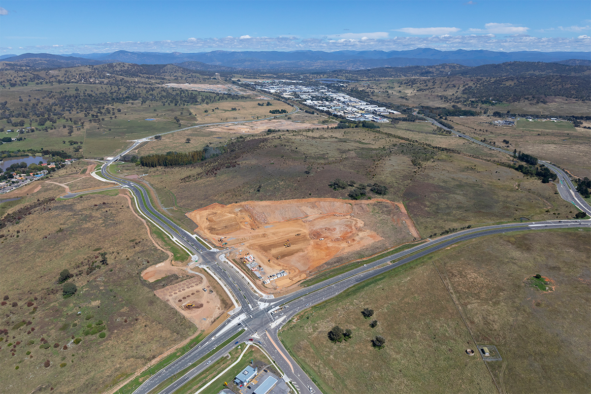 Aerial shot of South Jerrabomberra including roads and parcels of land with blue sky