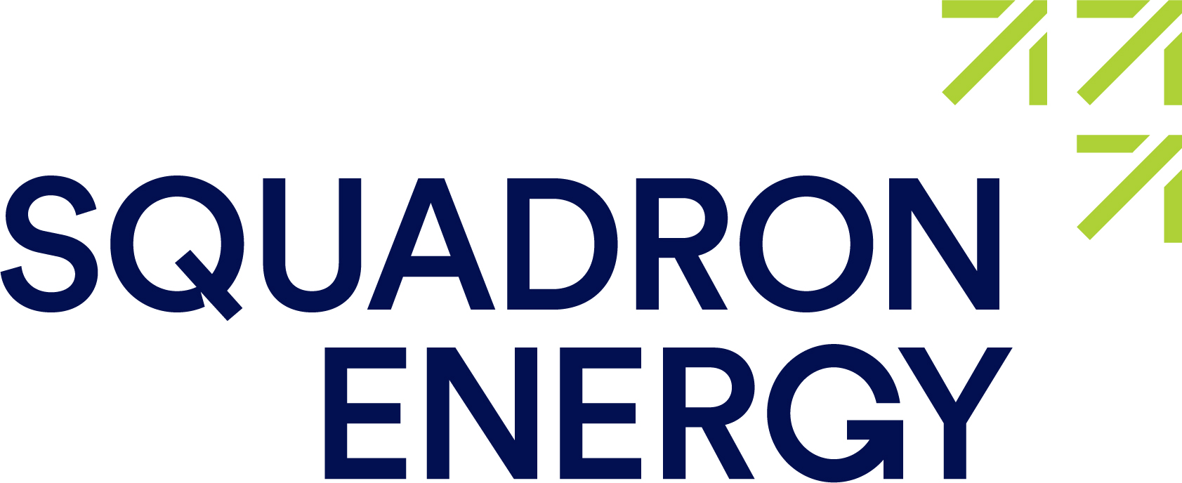 Squadron Energy logo featuring navy text and lime green arrows