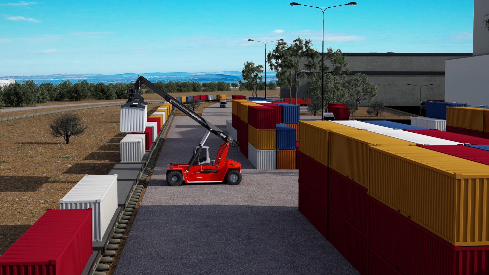A 3D render of Wagga Wagga Special Activation Precinct with a truck lifting cargo containers