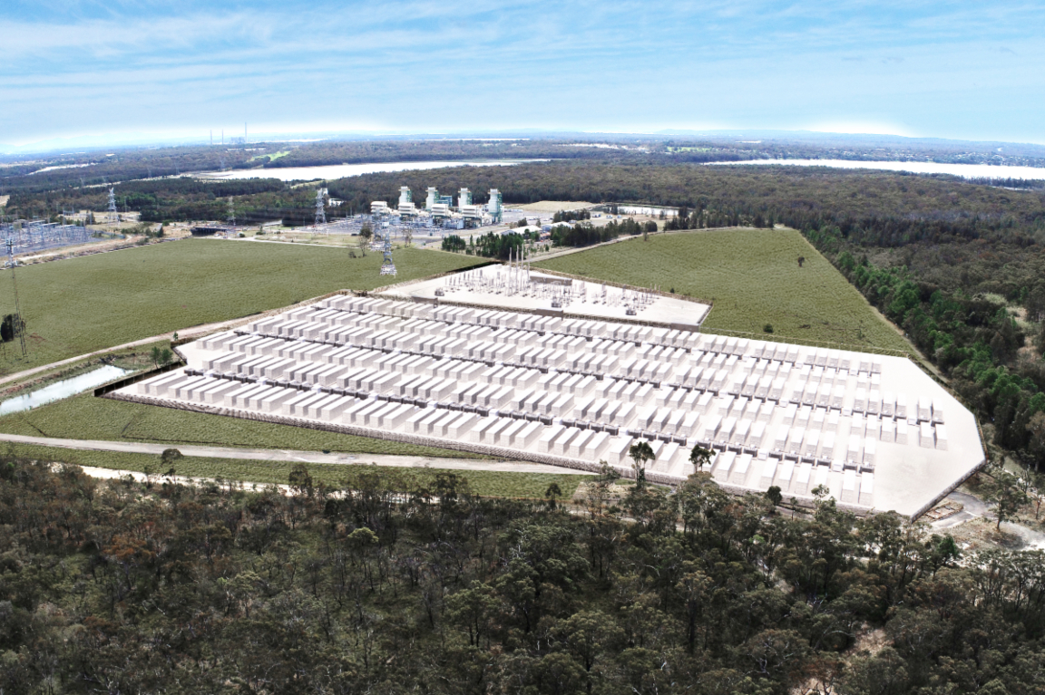 A render of what the Waratah Super Battery - a large white battery in a green field - will look like once built