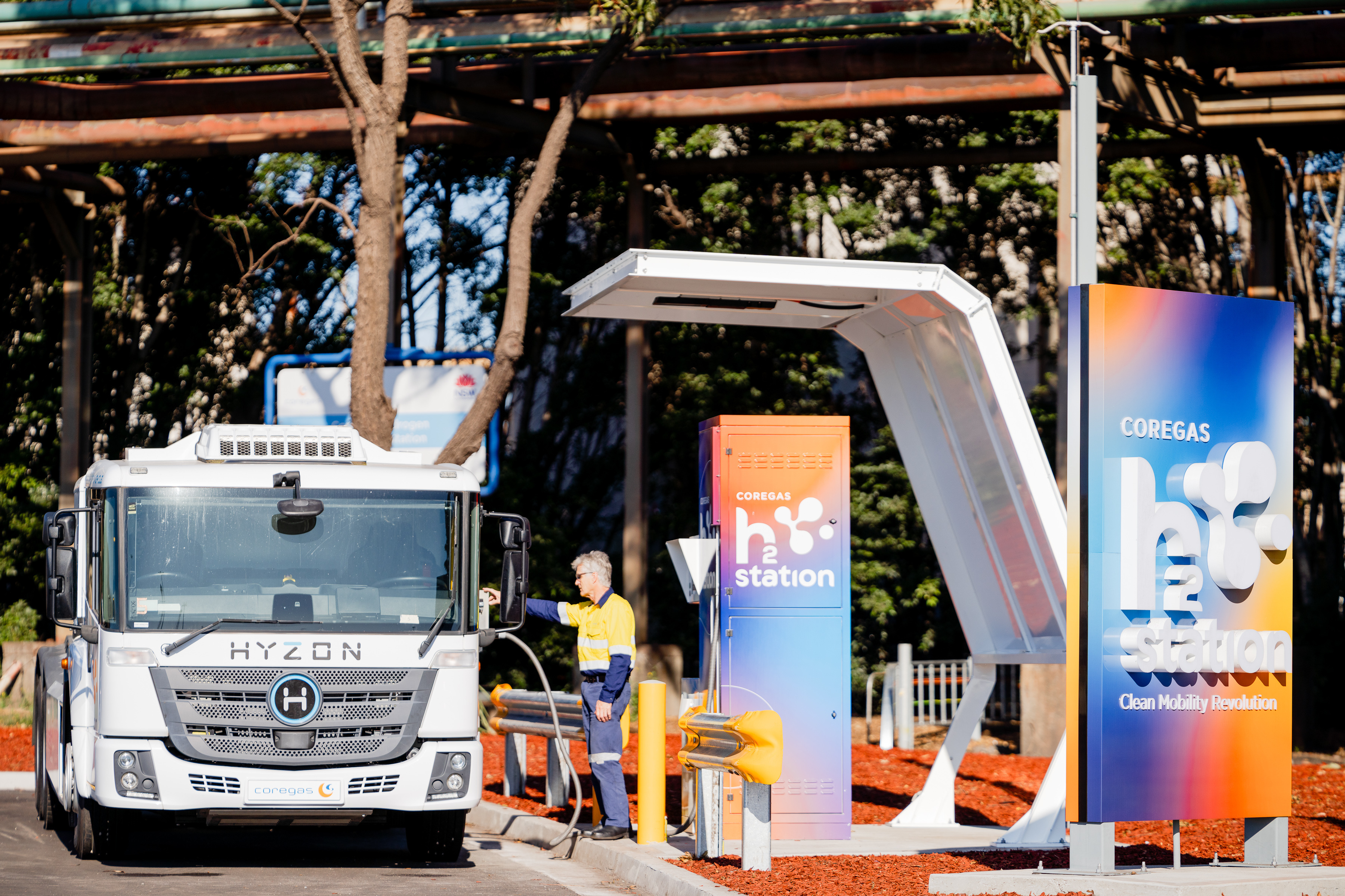 A landscape shot of a heavy vehicle refuelling at Coregas's hydrogen station