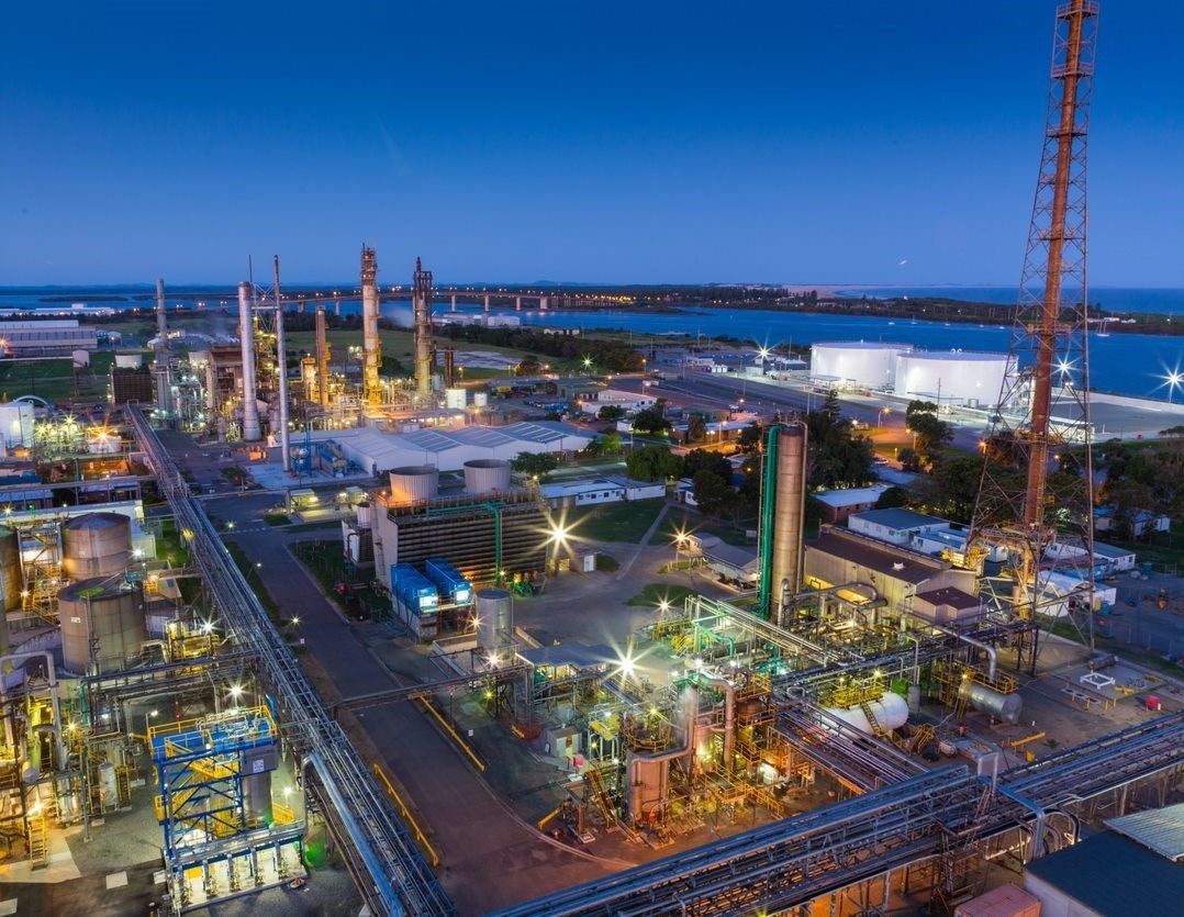 Aerial shot of a Hydrogen Hub in the evening with lights on