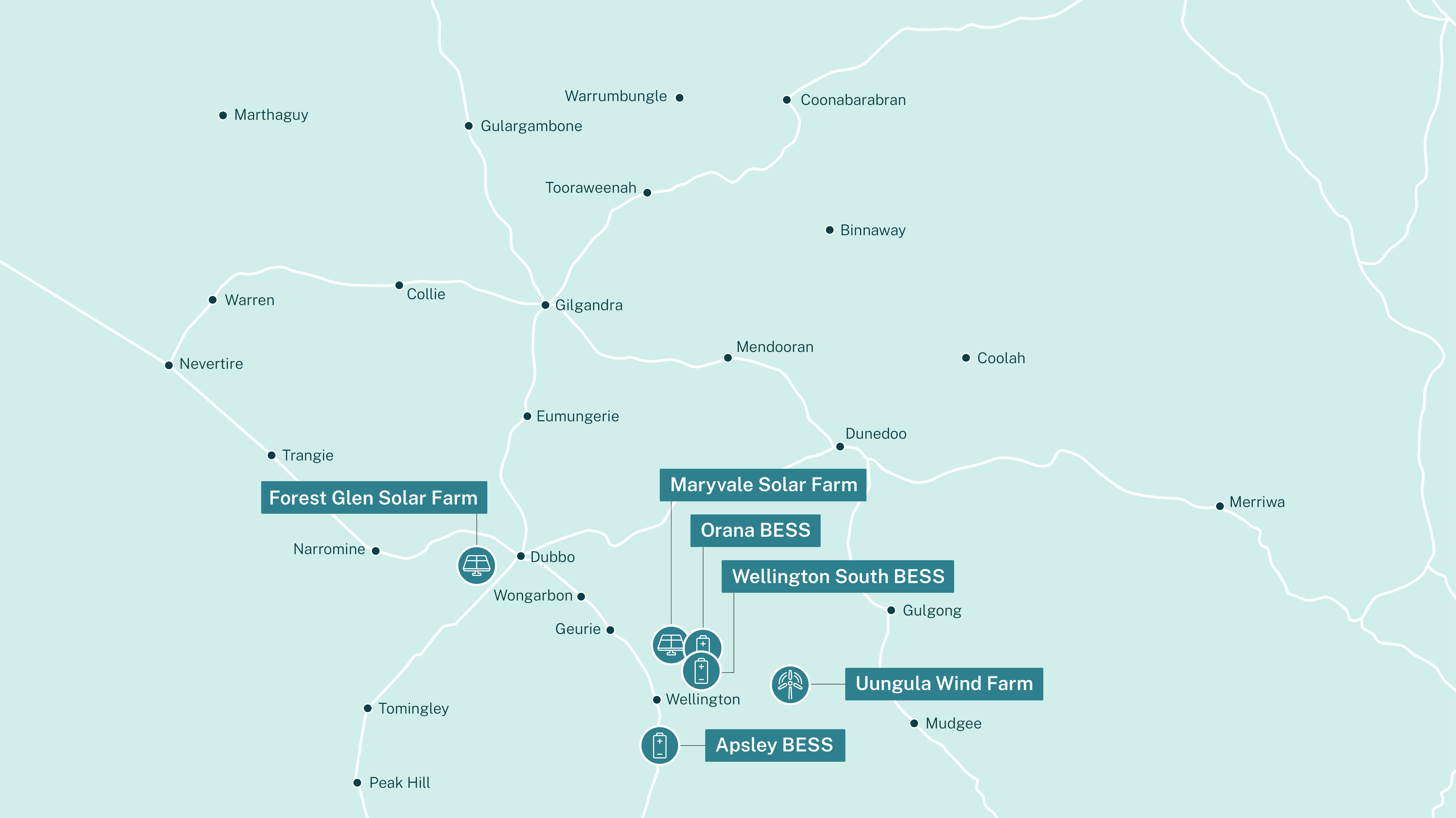 A map of the active projects in the Central-West Orana Renewable Energy Zone