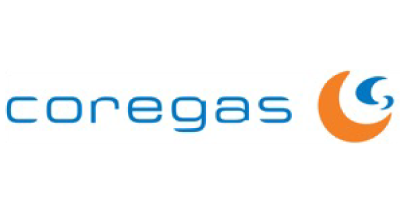 Coregas logo featuring blue text and an orange crescent moon