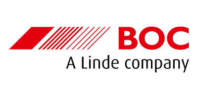 BOC logo with red text and three rhombus shapes, with the black text A Linde company