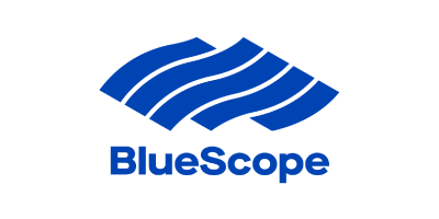 Bluescope Logo with blue text and a wave icon shape