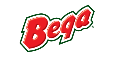 Bega logo with red text and a green outline