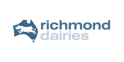 A teal blue richmond dairies logo with an Australia icon with a white cow inside