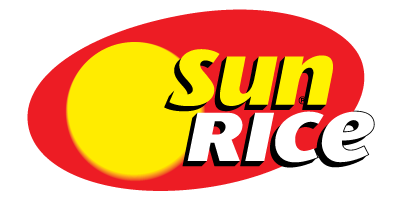Sun Rice logo featuring yellow and red circles and yellow and white text