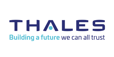 THALES logo with purple and blue text including tagline building a future we can all trust