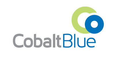 Cobalt Blue logo with grey and blue text and blue and green symbols